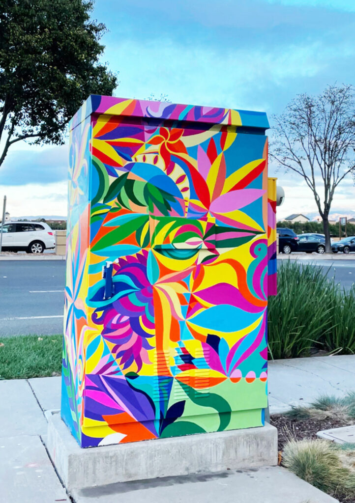 garden kaleidoscope utility box mural