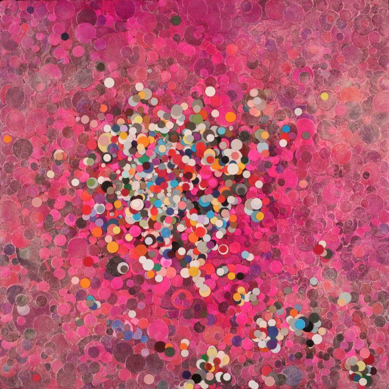 bubbles in colorful layered onto panel painted magenta and cosmetic powders
